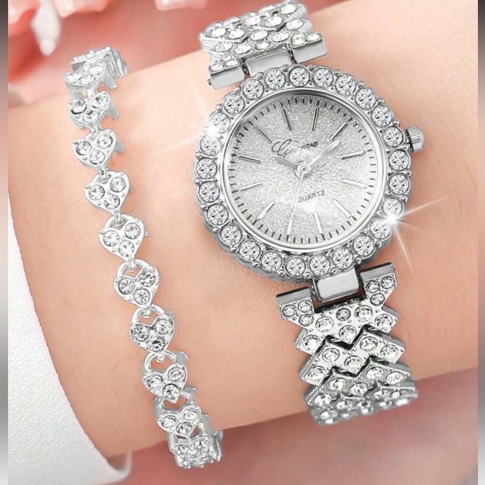 Elegant Silver Women's Watch and Bracelet Set